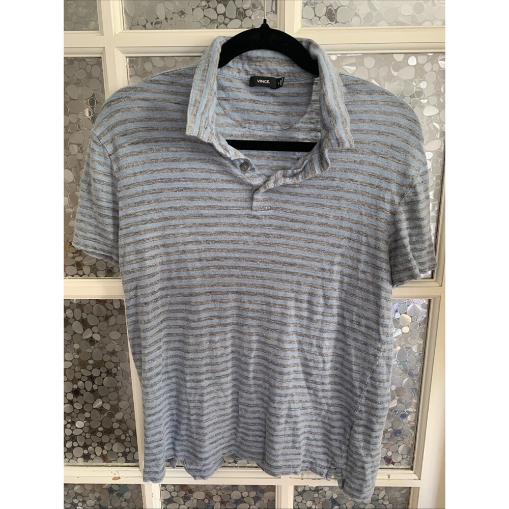 Vince Linen Polo Men's Sz M Striped Heathered Blue & Gray